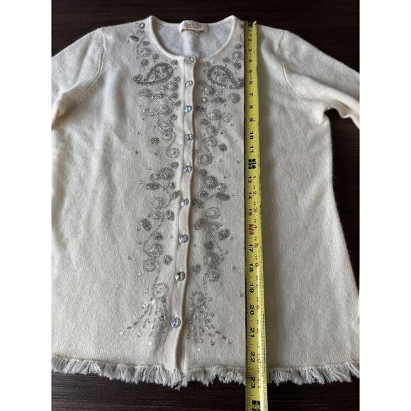 100% Cashmere Cardigan Sweater Womens Small Ivory Beaded Crystal Button - Picture 6 of 9